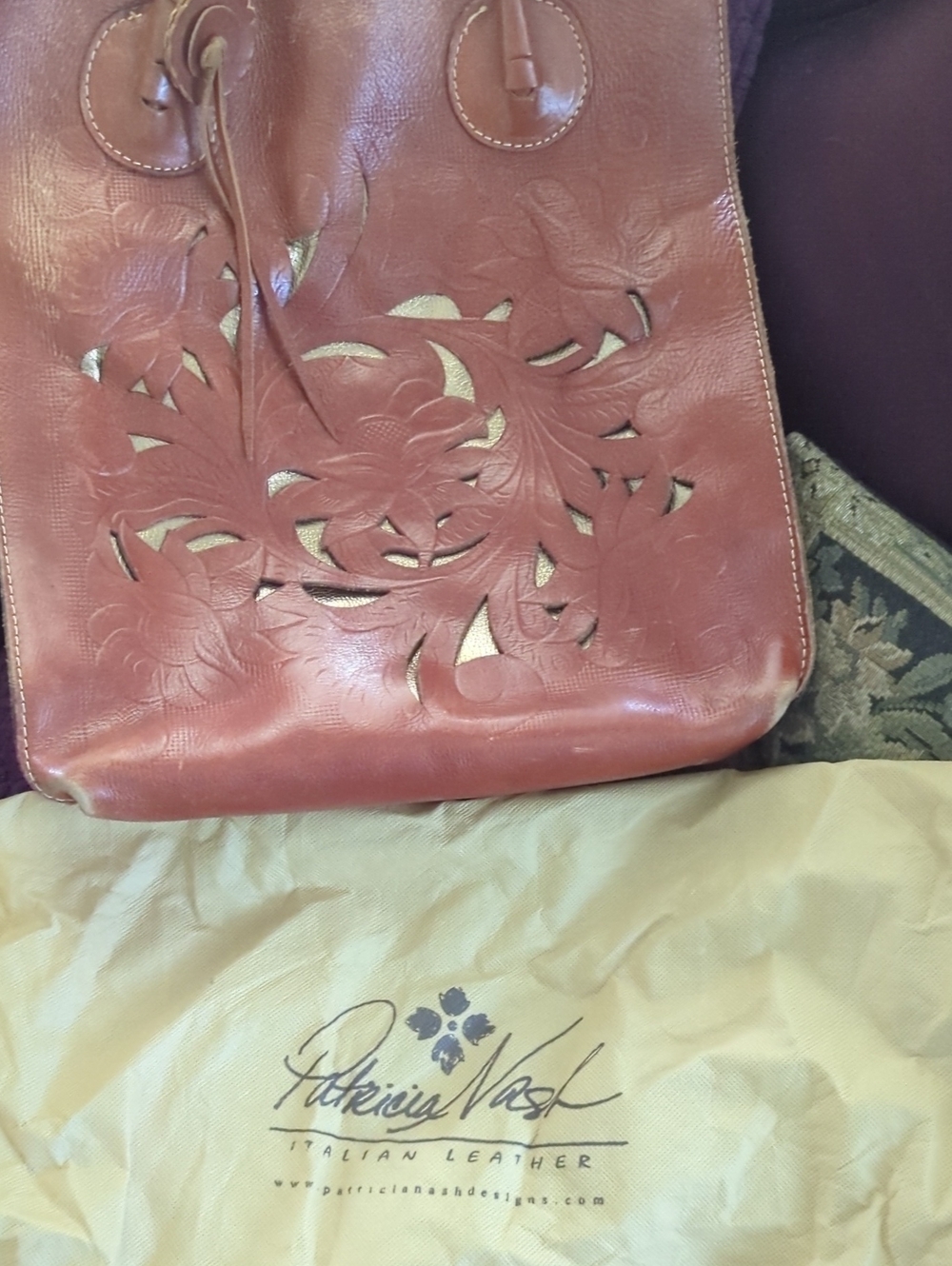 Patricia Nash Floral Cutout Leather Shoulder Bag - Brown With  Gold Underlay